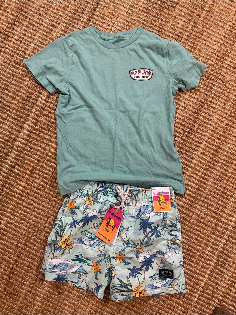 Boys Ron Jon Surf Shop Green Tee & Tropical Swim Shorts Set